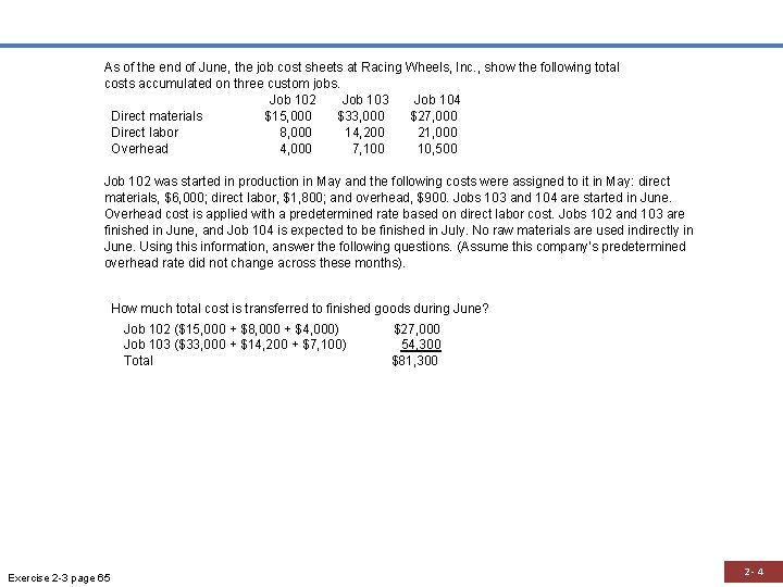 As of the end of June, the job cost sheets at Racing Wheels, Inc.