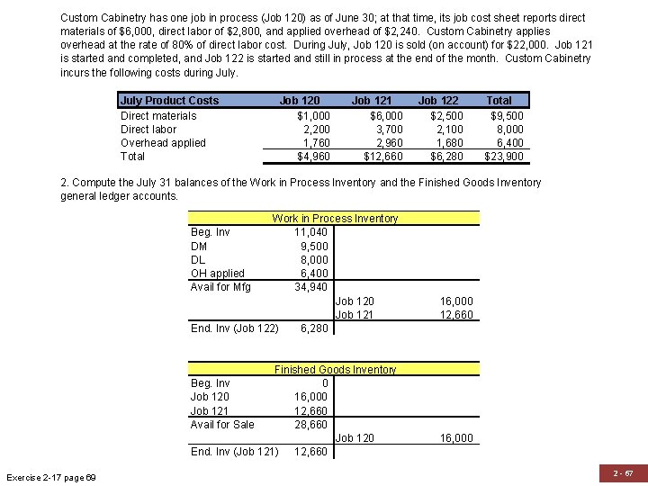 Custom Cabinetry has one job in process (Job 120) as of June 30; at