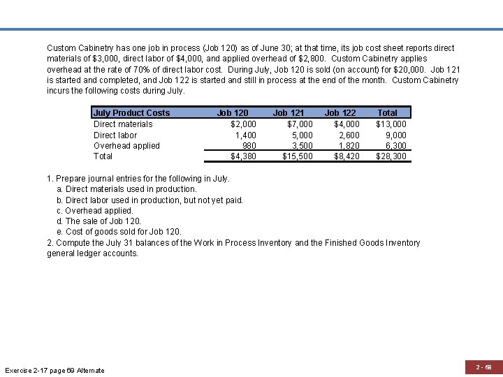 Custom Cabinetry has one job in process (Job 120) as of June 30; at