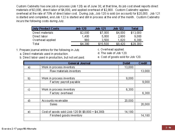 Custom Cabinetry has one job in process (Job 120) as of June 30; at