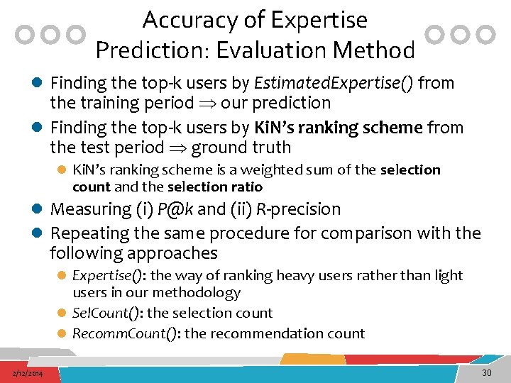 Accuracy of Expertise Prediction: Evaluation Method l Finding the top-k users by Estimated. Expertise()