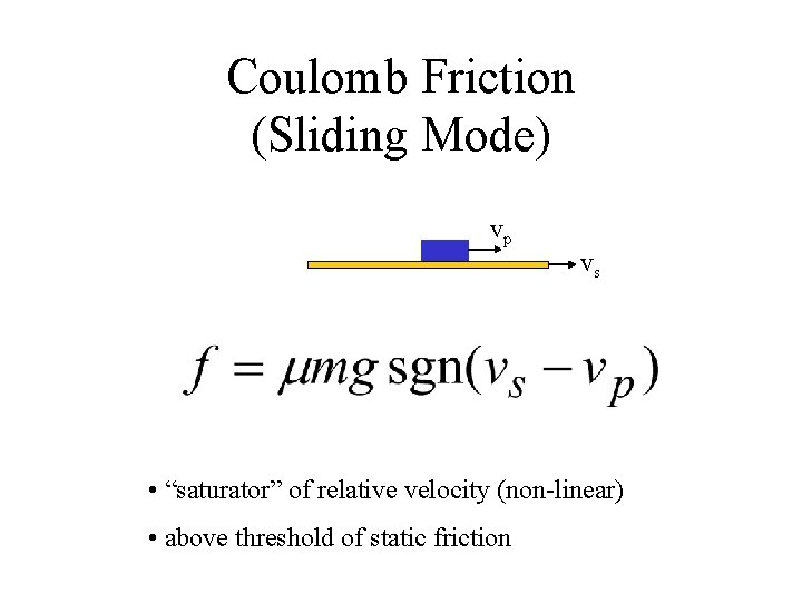 Coulomb Friction (Sliding Mode) vp vs • “saturator” of relative velocity (non-linear) • above