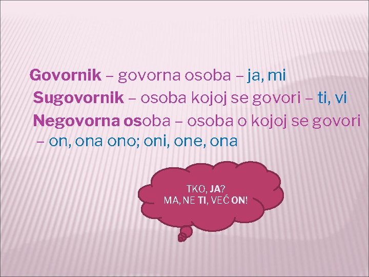 Govornik – govorna osoba – ja, mi Sugovornik – osoba kojoj se govori –