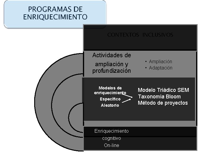 CONTEXTOS INCLUSIVOS Actividades de ampliación y profundización Modelos de enriquecimiento Específico Aleatorio Enriquecimiento cognitivo