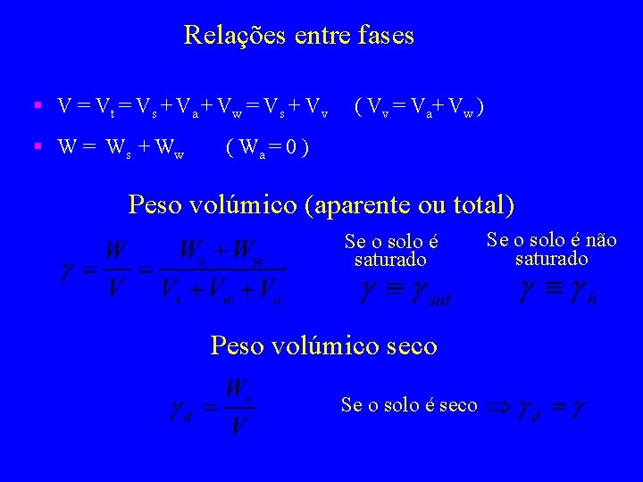 Relações entre fases § V = Vt = Vs + Va + Vw =