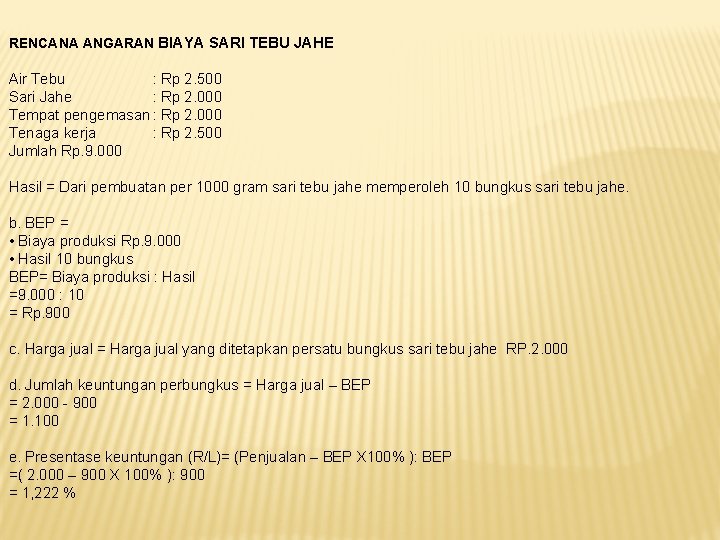 RENCANA ANGARAN BIAYA SARI TEBU JAHE Air Tebu : Rp 2. 500 Sari Jahe