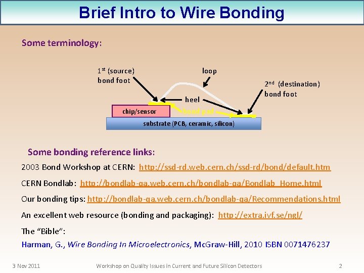 Brief Intro to Wire Bonding Some terminology: loop 1 st (source) bond foot chip/sensor