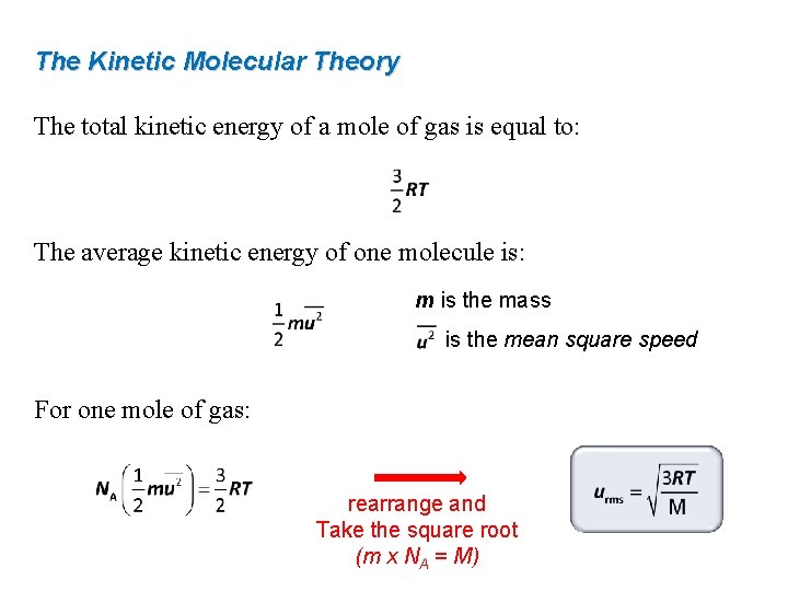 The Kinetic Molecular Theory The total kinetic energy of a mole of gas is