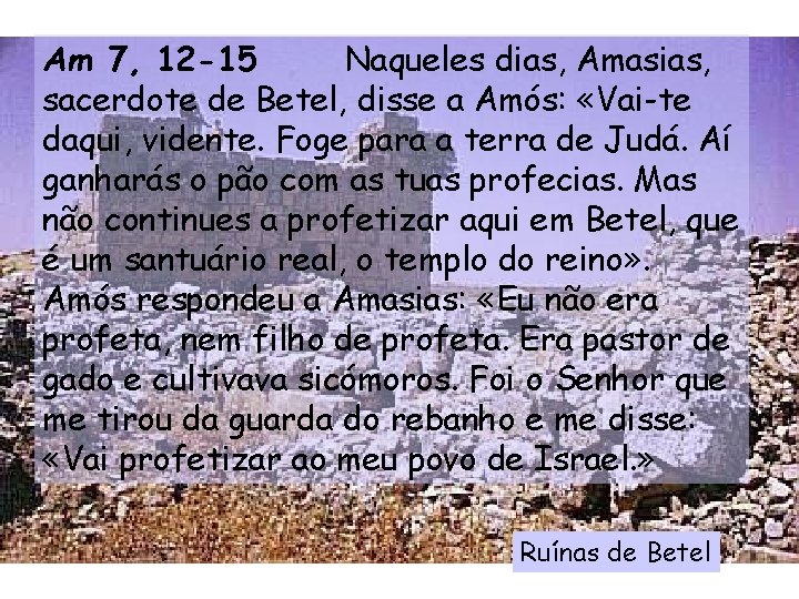 Am 7, 12 -15 Naqueles dias, Amasias, sacerdote de Betel, disse a Amós: «Vai-te