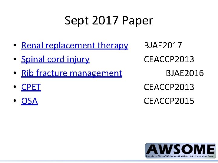 Sept 2017 Paper • • • Renal replacement therapy Spinal cord injury Rib fracture