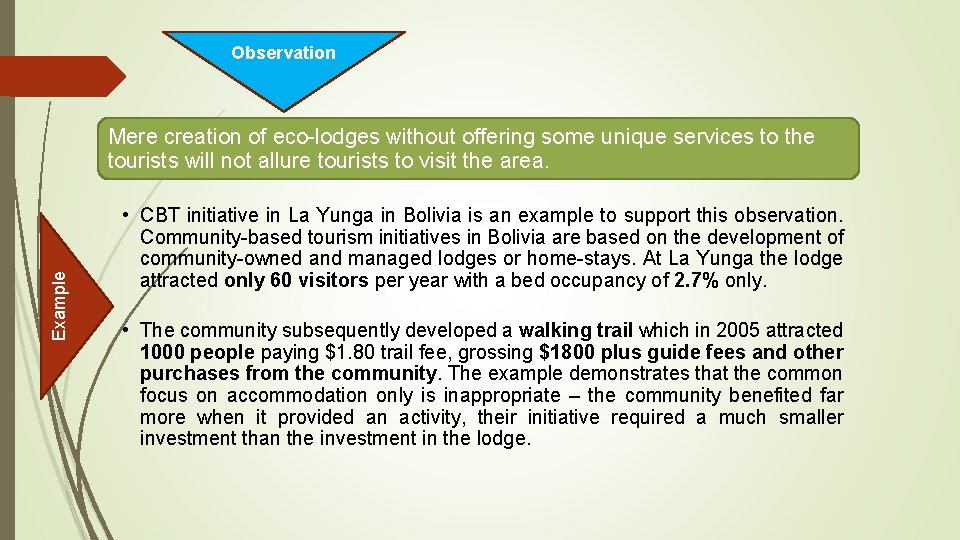 Observation Example Mere creation of eco-lodges without offering some unique services to the tourists