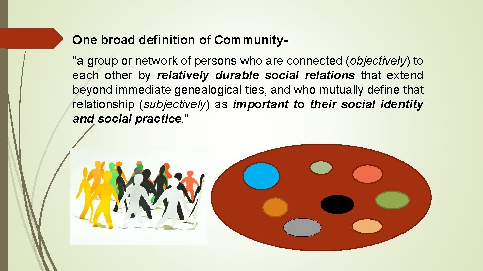 One broad definition of Community"a group or network of persons who are connected (objectively)