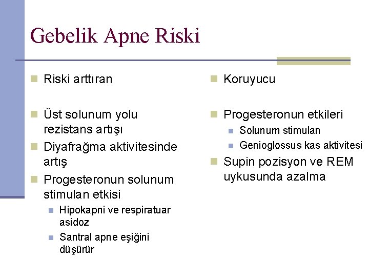 Gebelik Apne Riski n Riski arttıran n Koruyucu n Üst solunum yolu n Progesteronun