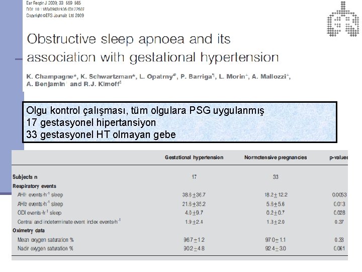 Olgu kontrol çalışması, tüm olgulara PSG uygulanmış 17 gestasyonel hipertansiyon 33 gestasyonel HT olmayan