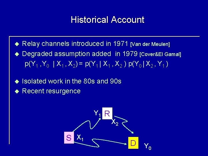 Historical Account u u Relay channels introduced in 1971 [Van der Meulen] Degraded assumption