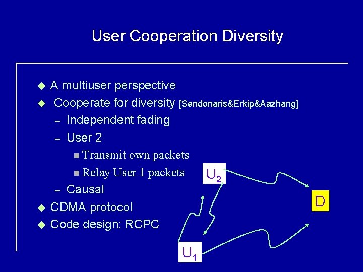 User Cooperation Diversity u u A multiuser perspective Cooperate for diversity [Sendonaris&Erkip&Aazhang] – Independent