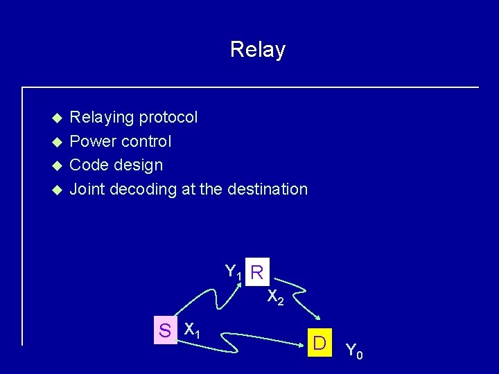 Relay u u Relaying protocol Power control Code design Joint decoding at the destination