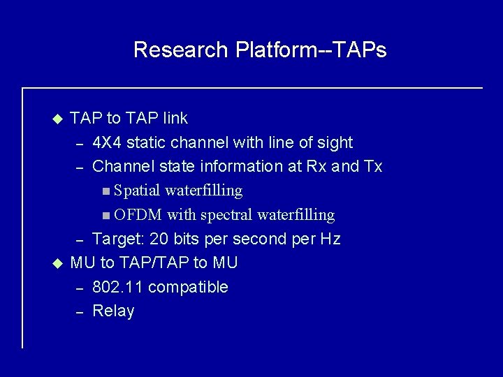 Research Platform--TAPs u u TAP to TAP link – 4 X 4 static channel