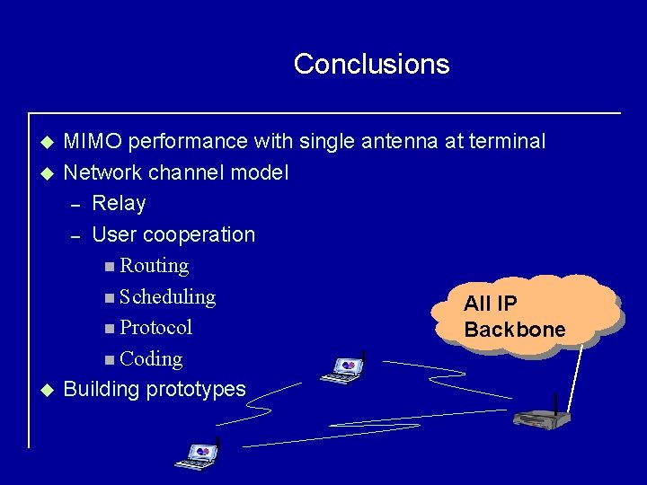 Conclusions u u u MIMO performance with single antenna at terminal Network channel model