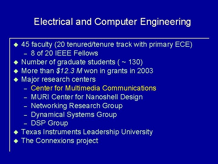 Electrical and Computer Engineering u u u 45 faculty (20 tenured/tenure track with primary