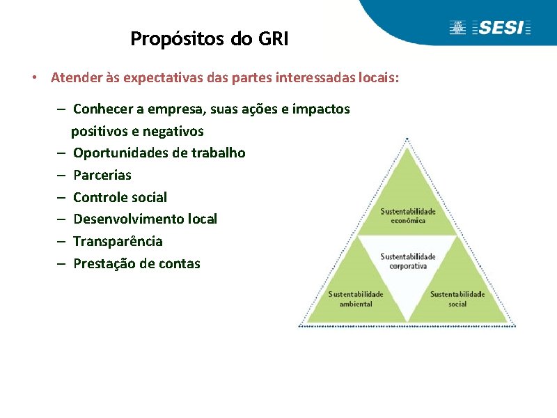 Propósitos do GRI • Atender às expectativas das partes interessadas locais: – Conhecer a