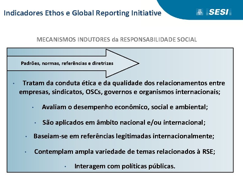 Indicadores Ethos e Global Reporting Initiative MECANISMOS INDUTORES da RESPONSABILIDADE SOCIAL Padrões, normas, referências