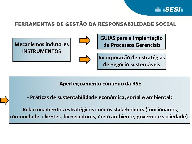 FERRAMENTAS DE GESTÃO DA RESPONSABILIDADE SOCIAL Mecanismos indutores INSTRUMENTOS GUIAS para a implantação de