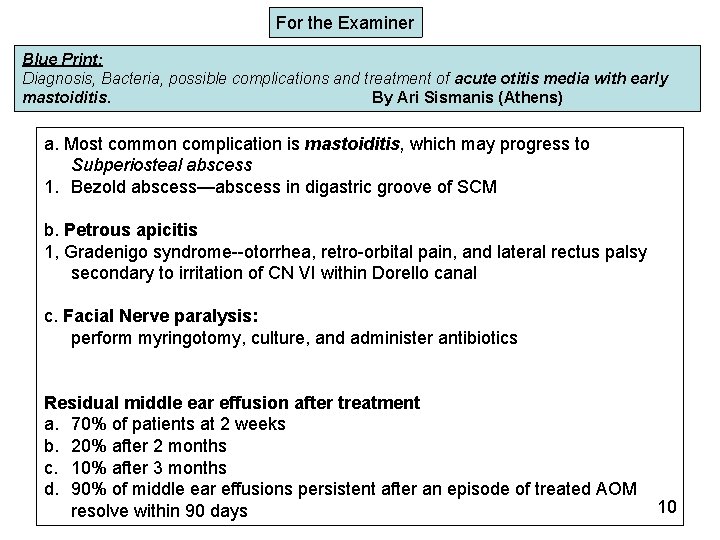 For the Examiner Blue Print: Diagnosis, Bacteria, possible complications and treatment of acute otitis