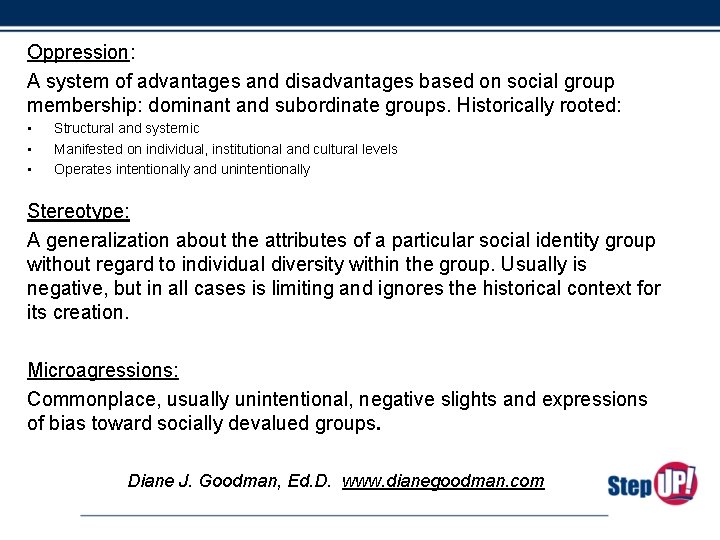 Oppression: A system of advantages and disadvantages based on social group membership: dominant and