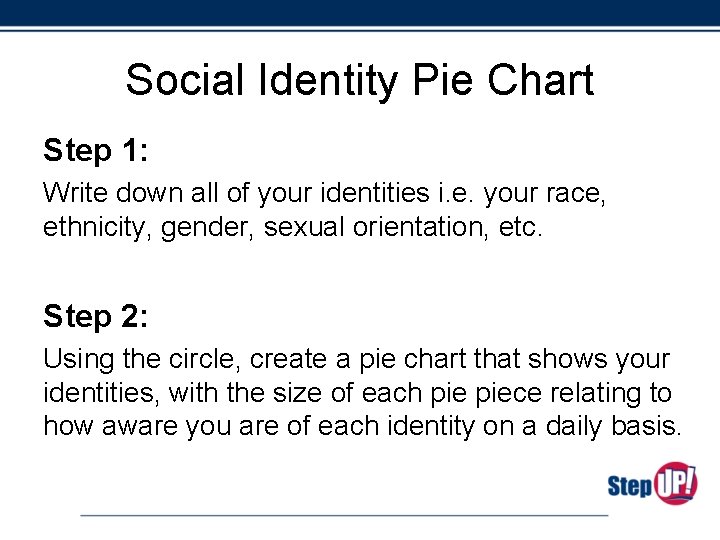 Social Identity Pie Chart Step 1: Write down all of your identities i. e.