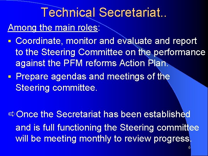 Technical Secretariat. . Among the main roles: § Coordinate, monitor and evaluate and report