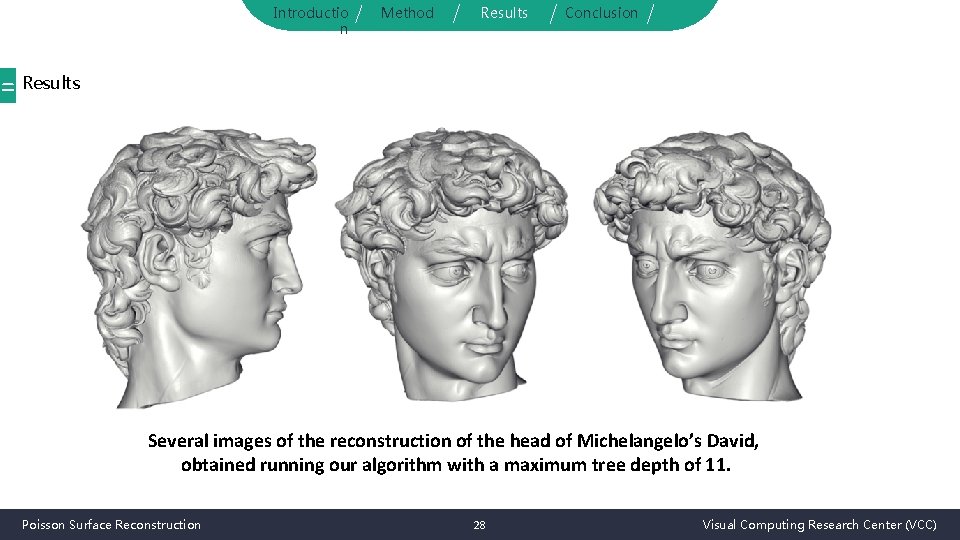 Introductio n Method Results Conclusion = Results Several images of the reconstruction of the