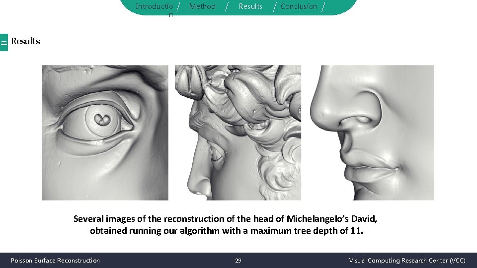 Introductio n Method Results Conclusion = Results Several images of the reconstruction of the