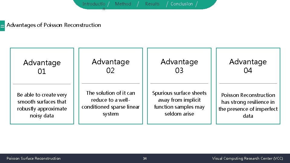Introductio n Method Results Conclusion = Advantages of Poisson Reconstruction Advantage 01 Advantage 02