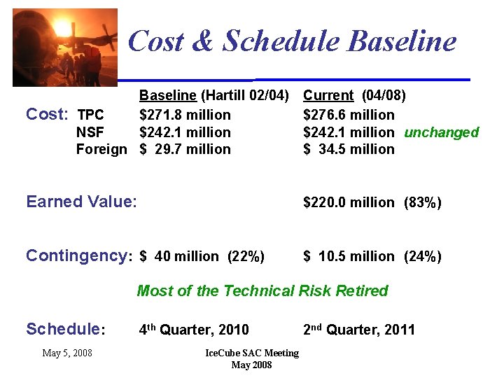 Cost & Schedule Baseline Cost: Baseline (Hartill 02/04) TPC $271. 8 million NSF $242.