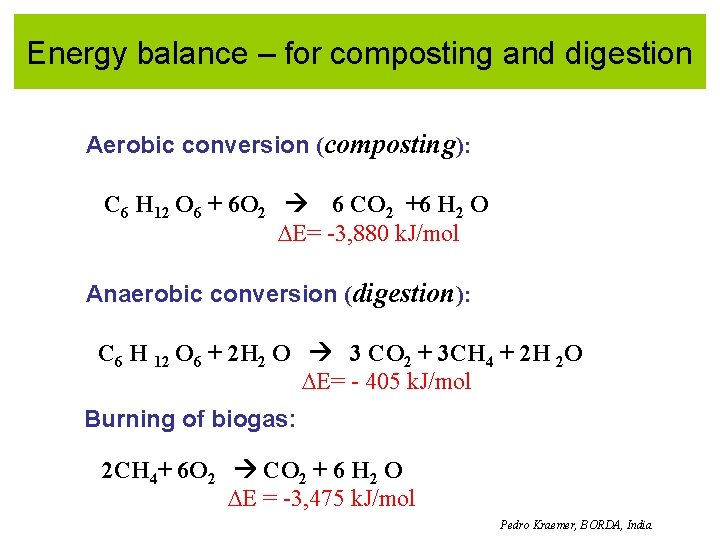 Energy balance – for composting and digestion Aerobic conversion (composting): C 6 H 12