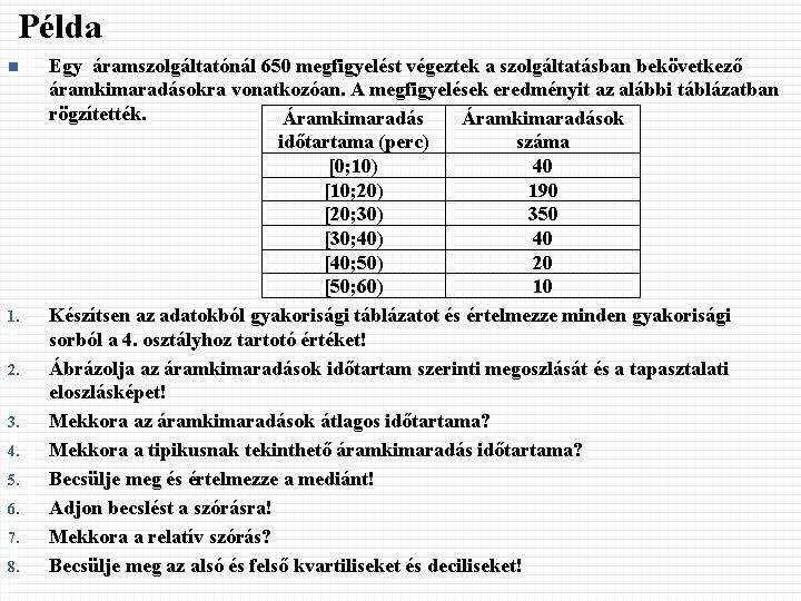 Példa n 1. 2. 3. 4. 5. 6. 7. 8. Egy áramszolgáltatónál 650 megfigyelést