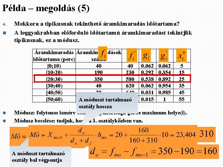 Példa – megoldás (5) 4. n n n Mekkora a tipikusnak tekinthető áramkimaradás időtartama?