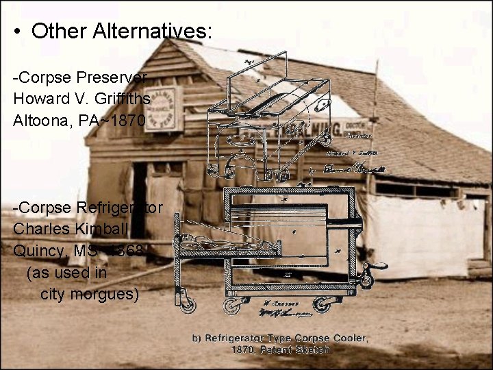  • Other Alternatives: -Corpse Preserver Howard V. Griffiths Altoona, PA~1870 -Corpse Refrigerator Charles