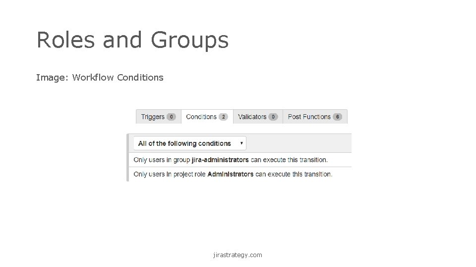 Roles and Groups Image: Workflow Conditions jirastrategy. com 