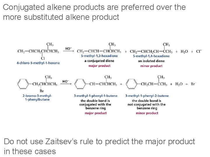 Conjugated alkene products are preferred over the more substituted alkene product Do not use