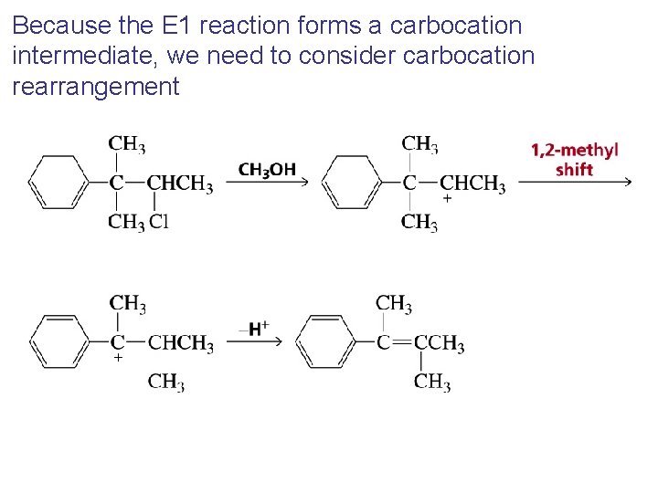 Because the E 1 reaction forms a carbocation intermediate, we need to consider carbocation