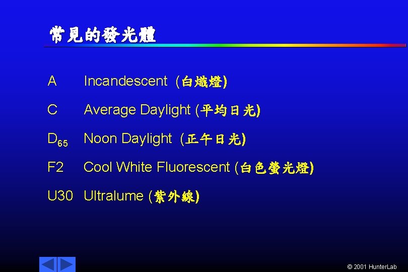 常見的發光體 A Incandescent (白熾燈) C Average Daylight (平均日光) D 65 Noon Daylight (正午日光) F