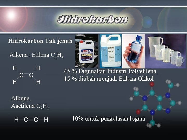 Hidrokarbon Tak jenuh Alkena : Etilena C 2 H 4 45 % Digunakan Industri