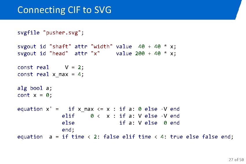 Connecting CIF to SVG svgfile "pusher. svg"; svgout id "shaft" attr "width" value 40