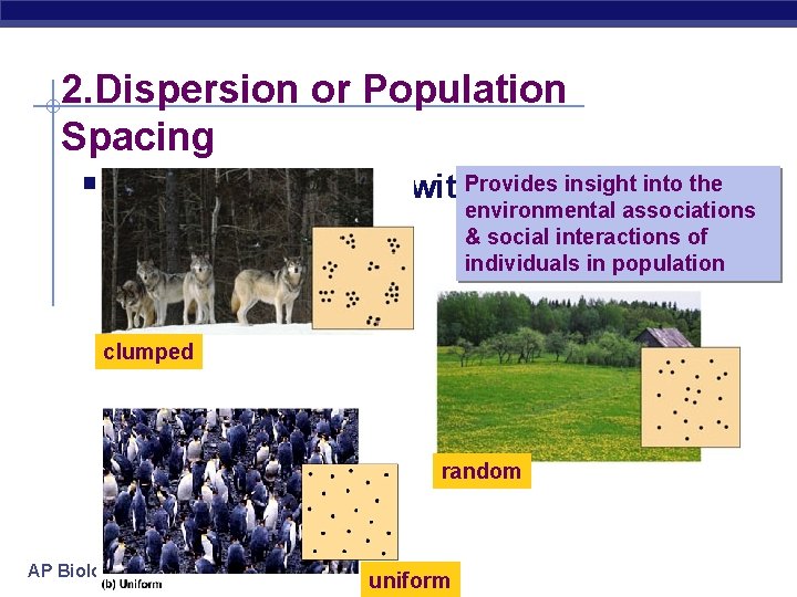 2. Dispersion or Population Spacing Provides insight into the § Dispersal patterns within a