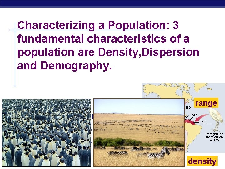 Characterizing a Population: 3 fundamental characteristics of a population are Density, Dispersion and Demography.