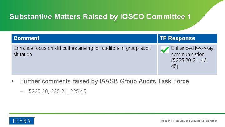 Substantive Matters Raised by IOSCO Committee 1 Comment Enhance focus on difficulties arising for