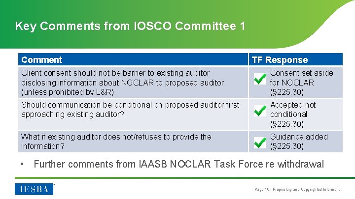 Key Comments from IOSCO Committee 1 Comment TF Response Client consent should not be