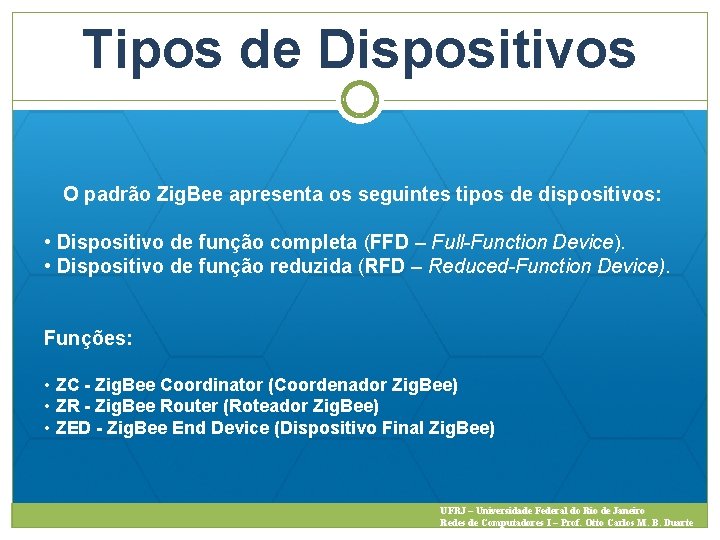 Tipos de Dispositivos O padrão Zig. Bee apresenta os seguintes tipos de dispositivos: •